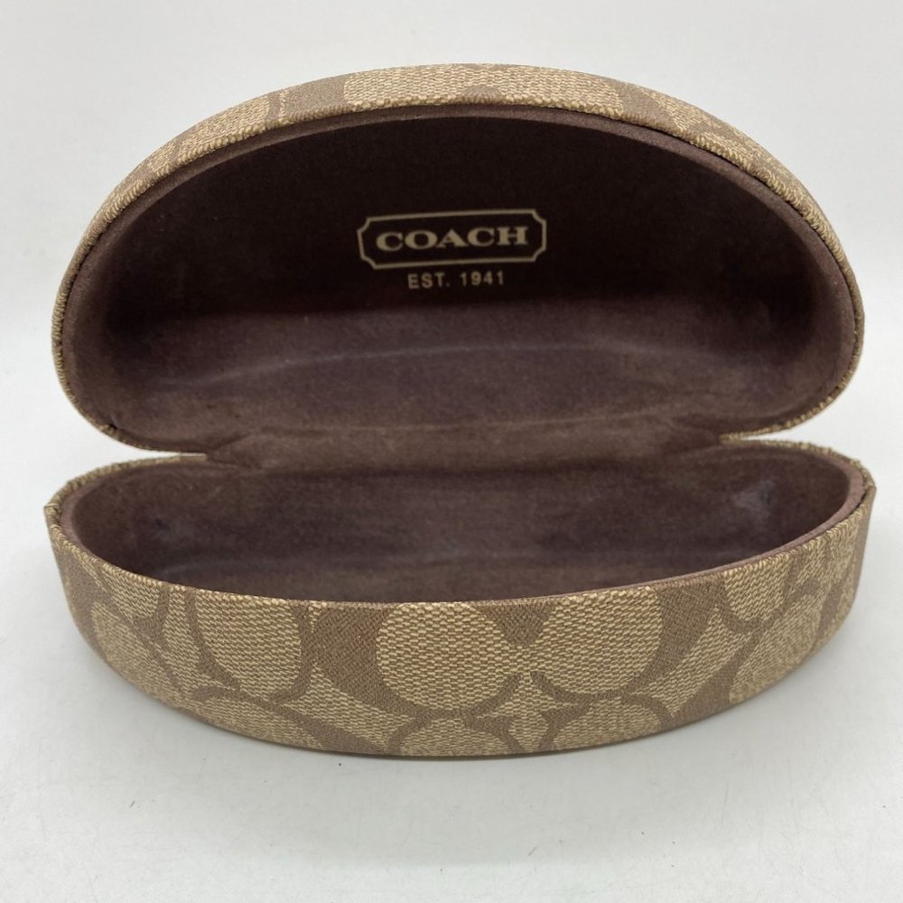 Coach Sunglass Case Signature Cover Holder Hard Clamshell Snap Khaki Brown.